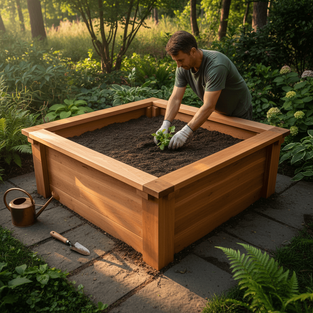 Completed raised garden bed or arbor structure in residential garden setting