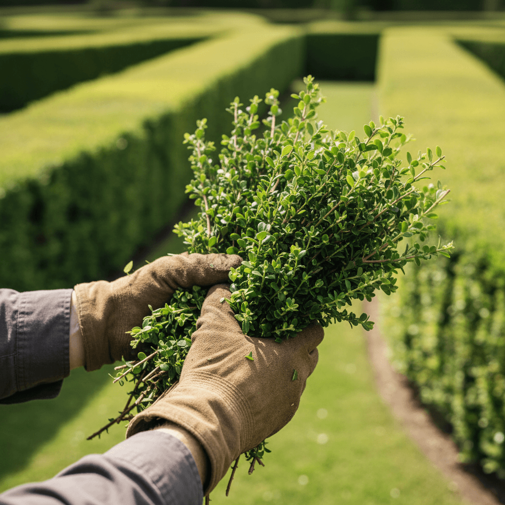 Close-up of freshly trimmed hedge clippings