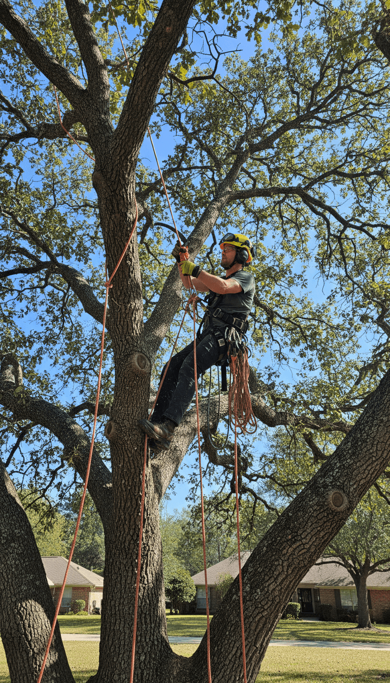 Certified arborist in safety gear pruning upper branch while secured with climbing ropes high in mature tree.