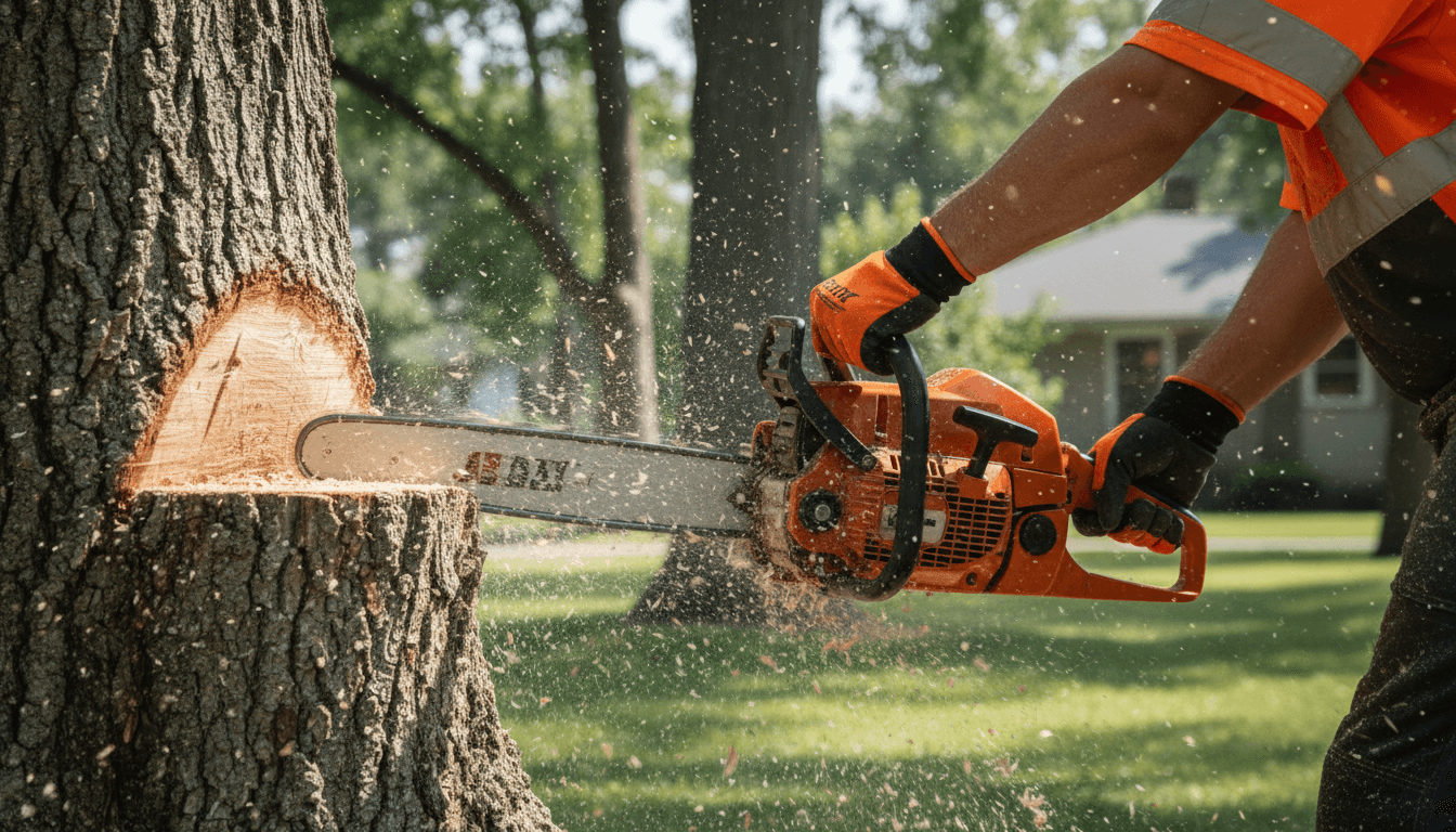 Arborist hands operating chainsaw cutting through large tree trunk with wood chips flying, residential property background