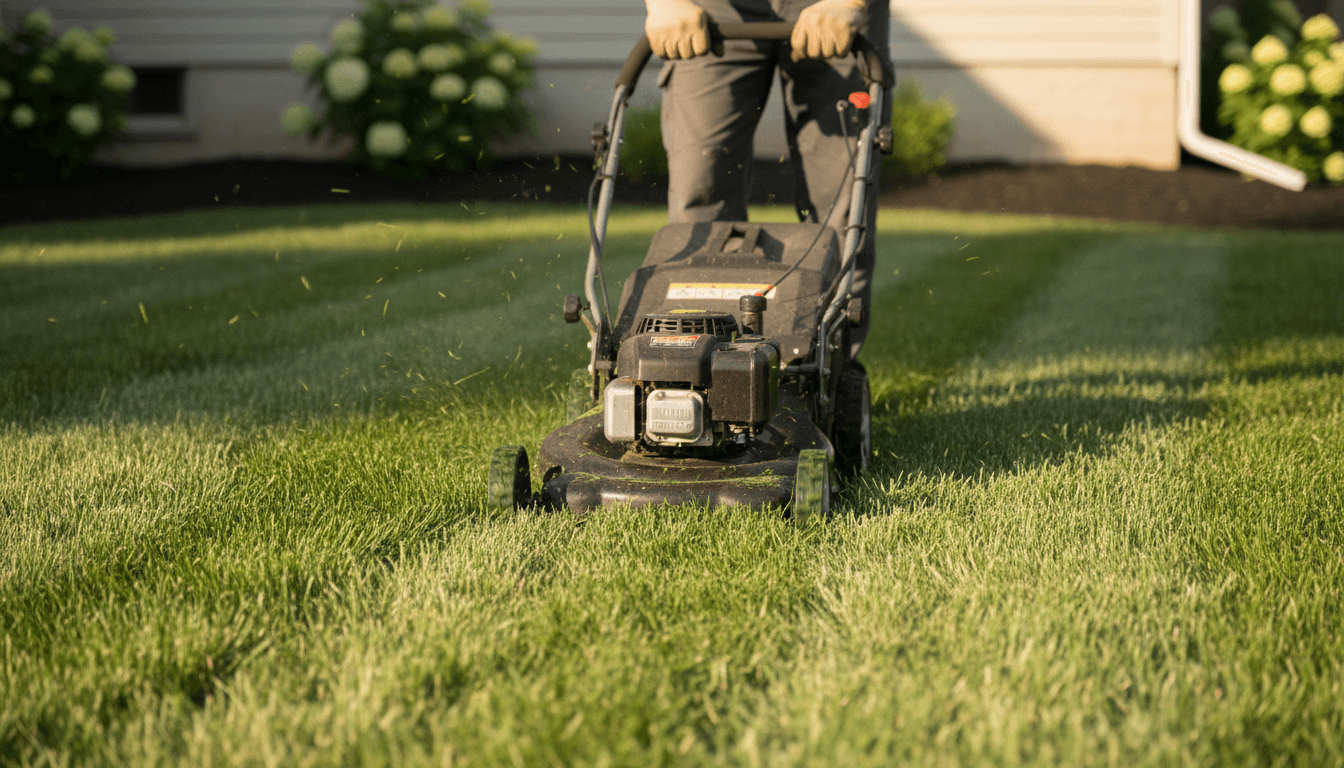 Landscaper hands operating push mower on lush residential lawn during active grass cutting
